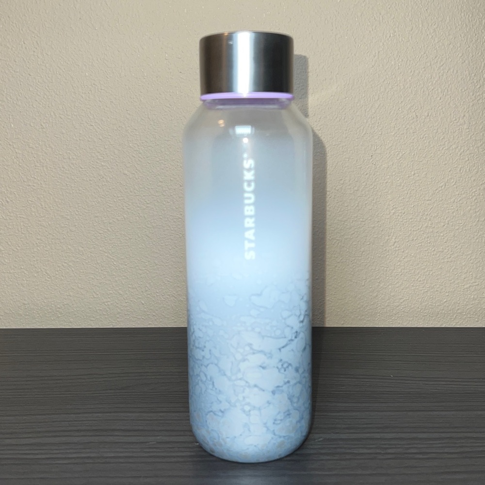 Starbucks 2021 White Snow Ombre Marbled Glass Water Bottle Cup Tumbler